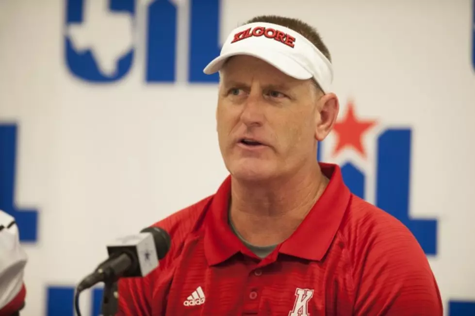 Kilgore coach Mike Wood speaks to the media after Friday's 34-23 loss to Carthage in the Class 3A Division I state championship at AT&T Stadium in Arlington. (Christopher Vinn, ETSN.fm)